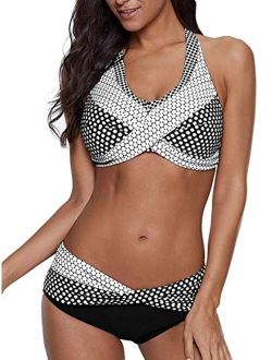 Yanekop Womens Polka Dot Print Bikini Set Halter Neck Swimwear Twist Front 2 Piece Swimsuit