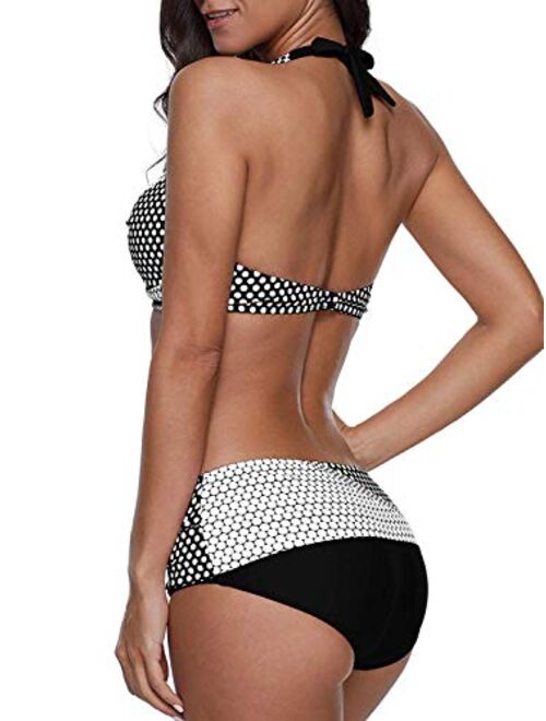 Yanekop Womens Polka Dot Print Bikini Set Halter Neck Swimwear Twist Front 2 Piece Swimsuit