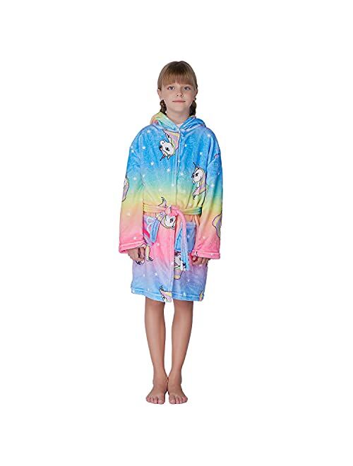 Soft Girls Bathrobe, Hooded Flannel Robe Toddler Dressing Gown Sleepwear 4T -18 Years
