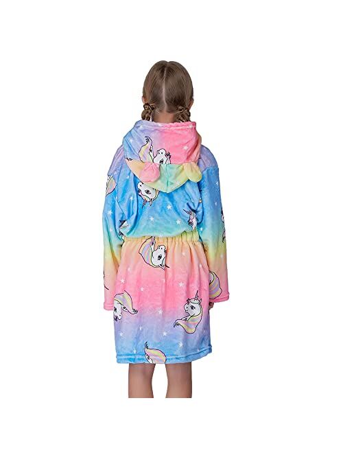 Soft Girls Bathrobe, Hooded Flannel Robe Toddler Dressing Gown Sleepwear 4T -18 Years