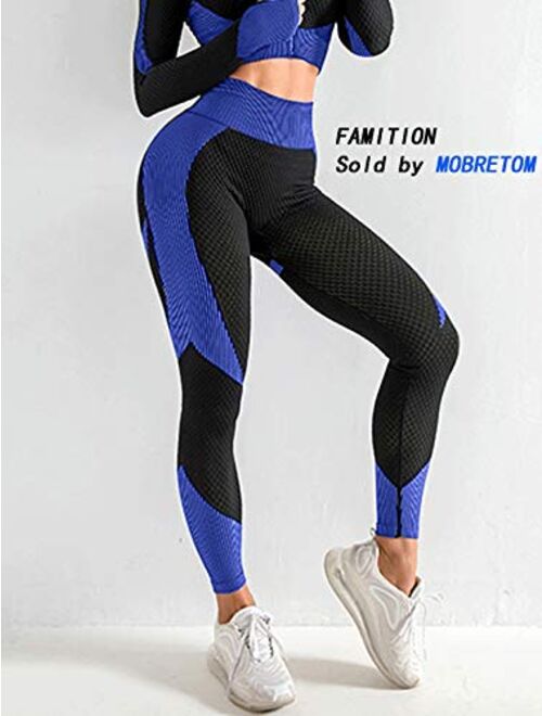 FAMITION Women’s 2 PCS Yoga Sports Suit Long Sleeve Front Zip Top High Waist Seamless Yoga Leggings