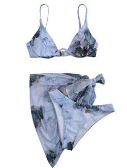 Women's 3 Piece Tie Dye Underwire Bikini Set Swimsuit and Cover Up Beach Skirt