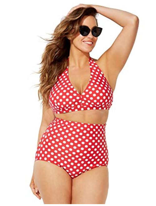 Swimsuits for All Women's Plus Size White Polka Dot Halter High Waist Bikini Set 6 Red