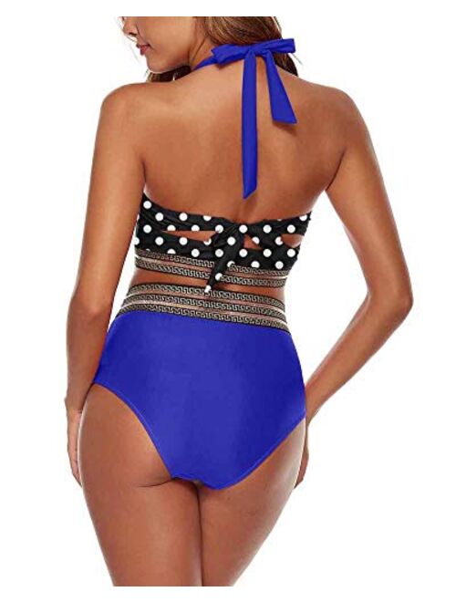 Urchics Womens Retro Halter Two Piece Bikini Set High Waist Swimsuit Bathing Suit