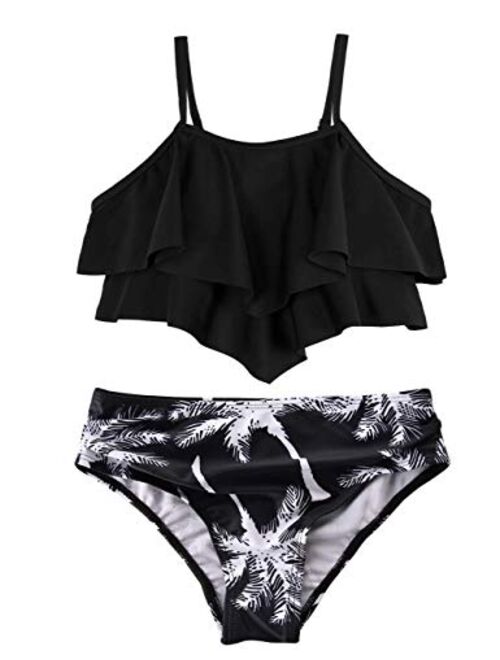 Hilor Girl's Bikini Set Flounce Two Piece Swimsuits Kids Ruffled Monokini Bathing Suits White&Green Leaves