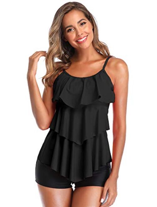 Summer Mae Women 2 Piece Flounce Printed Top with Boyshorts Tankini Bathing Suits