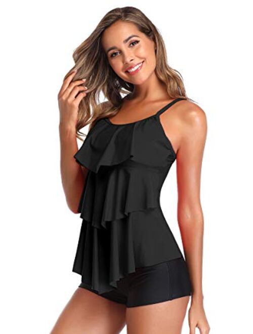 Summer Mae Women 2 Piece Flounce Printed Top with Boyshorts Tankini Bathing Suits