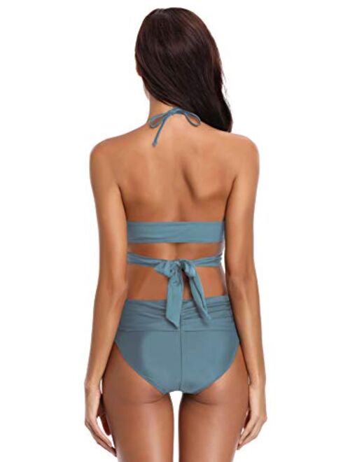 SHEKINI Women's Push-up Halter Bandage Bikini Swimsuits Ruched Swim Bottoms
