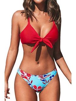Women's Red Floral Print Knot Adjustable Bikini Sets