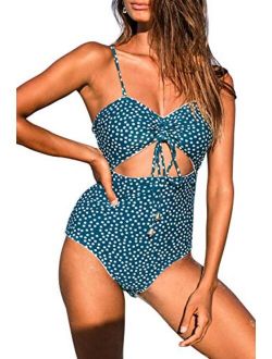 Honlyps Womens One Piece Swimsuits Polka Dot High Waist Bathing Suit Cutout Swimwear Monokini Tie Knot