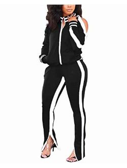 ThusFar Women's Two Piece Outfits Cold Shoulder Bodycon Jacket Pants Jogging Set Tracksuit Sportswear with Pockets Slit
