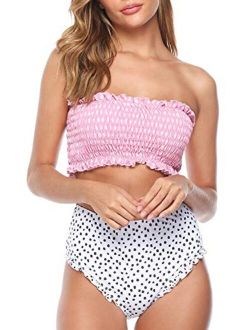 Berryou Women Two Piece Swimsuit Smocked Cute Bathing Suit Floral Printed Pleated Bikini Set