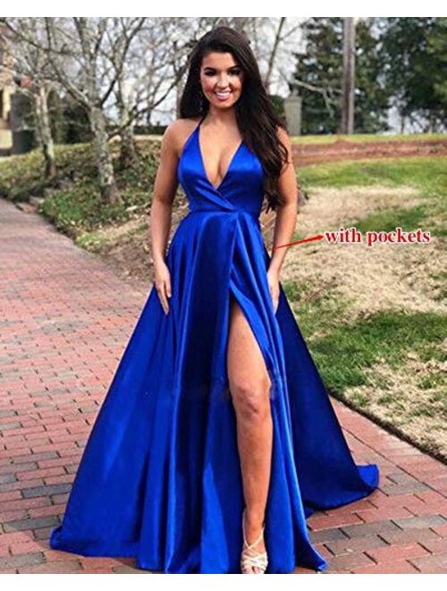 QueenBridal Halter Neck High Slit Maxi Prom Dress with Pockets