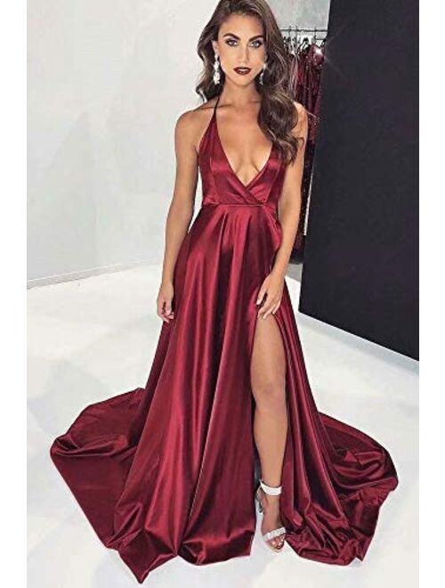 QueenBridal Halter Neck High Slit Maxi Prom Dress with Pockets