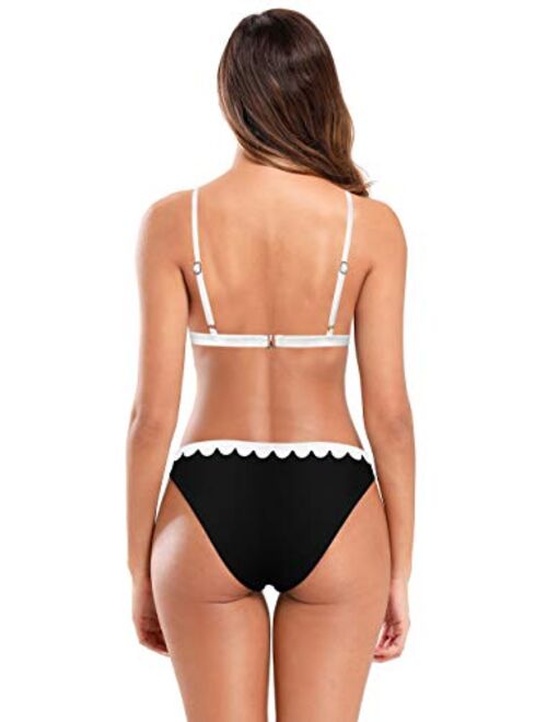 SHEKINI Women's Scalloped Triangle Bikini Floral Print Bottom Two Piece Swimsuit