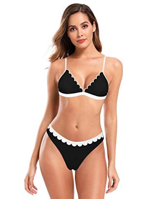 SHEKINI Women's Scalloped Triangle Bikini Floral Print Bottom Two Piece Swimsuit