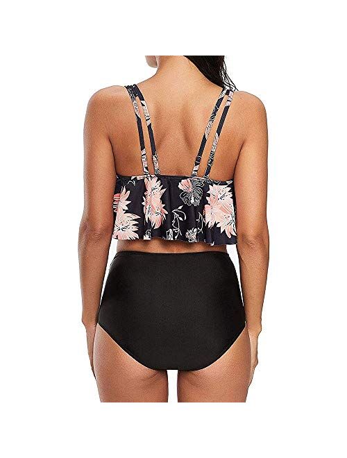 Summer Mae Womens Floral Printed Ruffle High Waisted Bikini Set Womens Tummy Control Bathing Suit Swimsuit Flounce Peplum