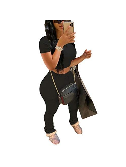 Womens Sexy 2 Piece Sports Outfit Set - Color Block Crop Shirt Tops + Ruffle Bodycon Pants Jogger Tracksuit Set