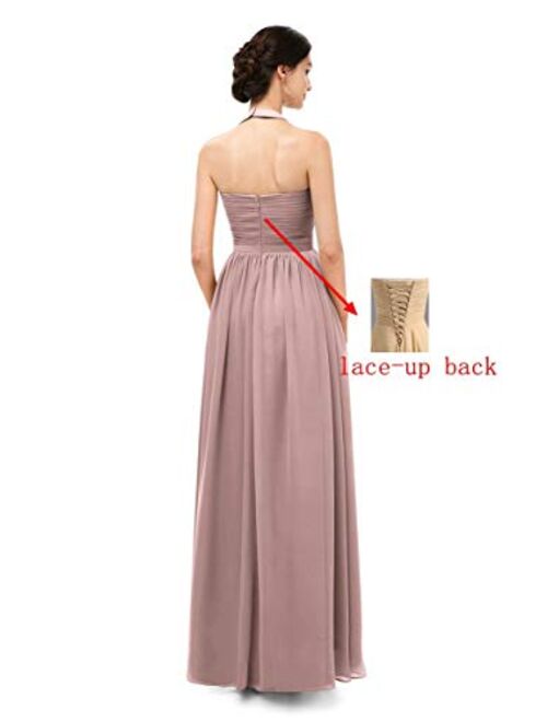 Women's Halter A Line Long Bridesmaid Dress Pleated Chiffon Evening Prom Gown