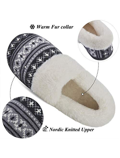 DL Women's Comfy House Slippers with Faux Fur Lining, Memory Foam Slip on House Shoes Nordic with Indoor Outdoor Anti-Skid Rubber Sole