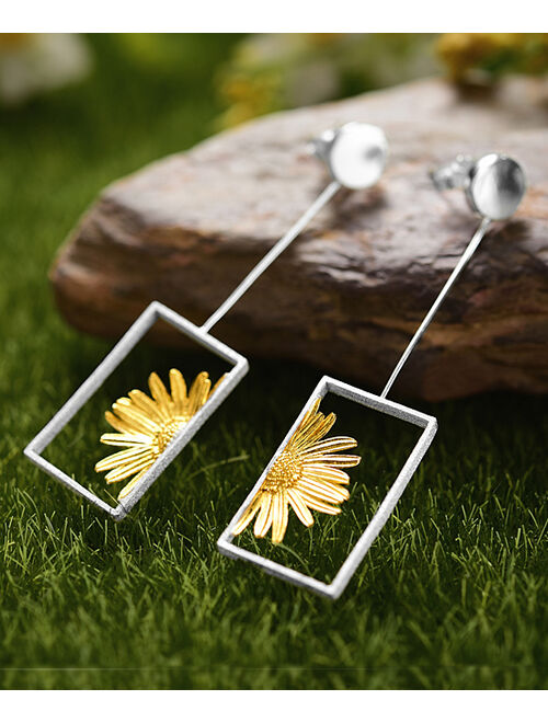Sterling Silver & 18k Gold-Plated Half-Daisy Square Drop Earrings