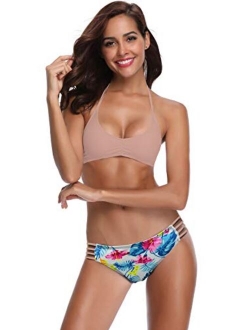 Women's Floral Printing Cutout Strappy Halter Swimsuits Bikini Suits