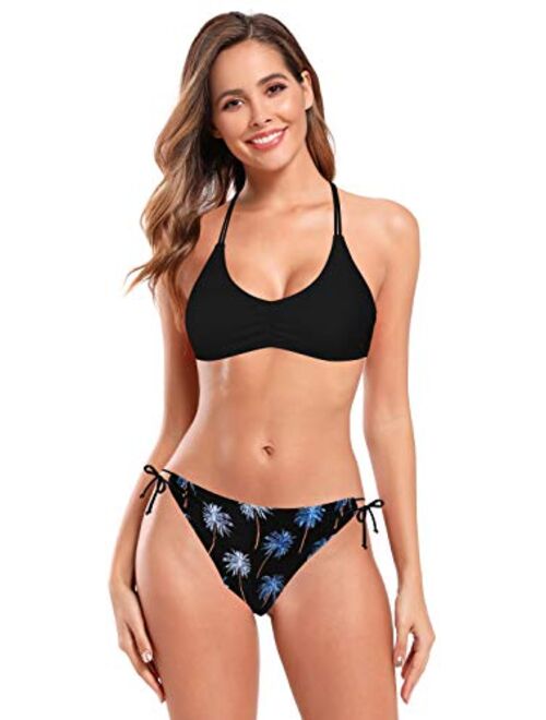 SHEKINI Women's Floral Printing Cutout Strappy Halter Swimsuits Bikini Suits