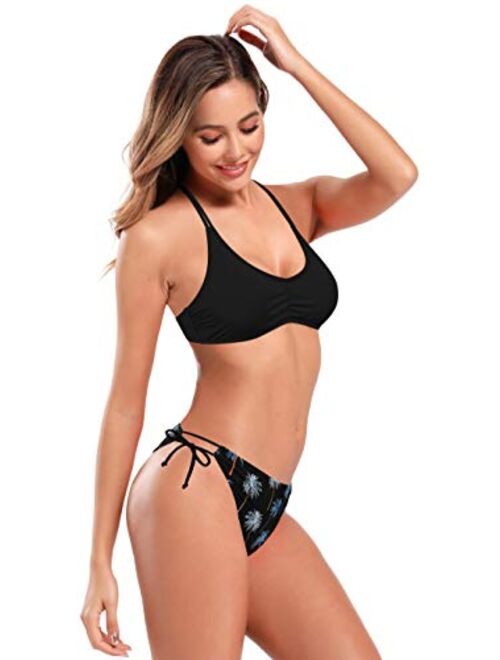 SHEKINI Women's Floral Printing Cutout Strappy Halter Swimsuits Bikini Suits
