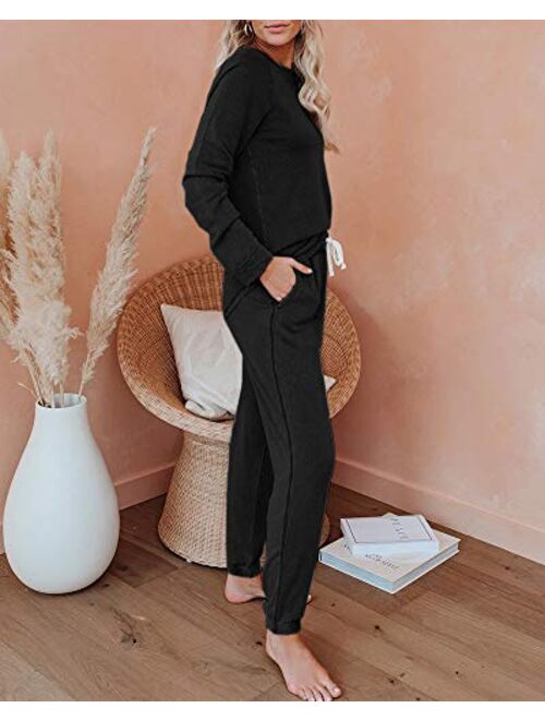 Eurivicy Women's Solid Sweatsuit Set 2 Piece Long Sleeve Pullover and Drawstring Sweatpants Sport Outfits Sets