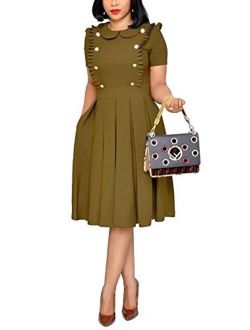 OLUOLIN Women's Elegant Flounce Ruffled Wear to Work Business Short Sleeve Button Decoration Ruffle Hem Pleated Midi Dress