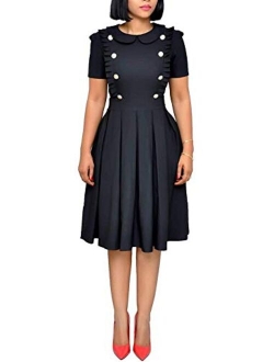 OLUOLIN Women's Elegant Flounce Ruffled Wear to Work Business Short Sleeve Button Decoration Ruffle Hem Pleated Midi Dress