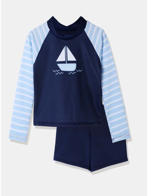 Shein Boys Striped & Boat Print Swimsuit