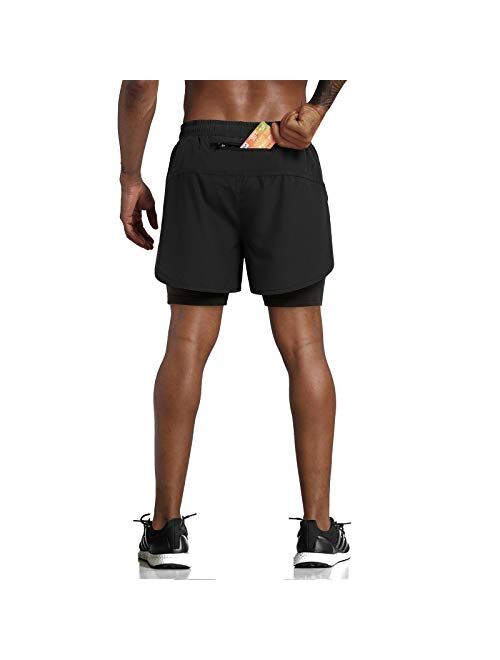 Lulucleaf Men's 2 in 1 Running Shorts Lightweight Workout Athletic Gym 5" Short with Phone Pockets