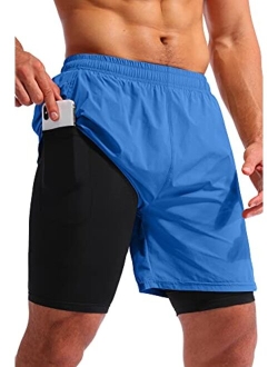 Pudolla Men’s 2 in 1 Running Shorts 7" Quick Dry Gym Athletic Workout Shorts for Men with Phone Pockets