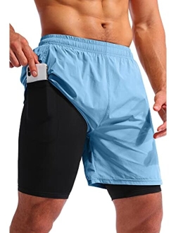 Pudolla Men’s 2 in 1 Running Shorts 7" Quick Dry Gym Athletic Workout Shorts for Men with Phone Pockets