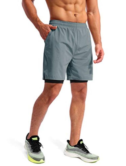 Pudolla Men’s 2 in 1 Running Shorts 7" Quick Dry Gym Athletic Workout Shorts for Men with Phone Pockets