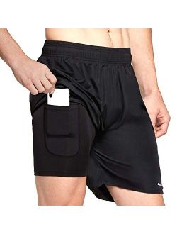 Men's 7 Inches 2 in 1 Running Workout Shorts Quick Dry Lightweight Athletic Shorts Liner Back Phone Pocket
