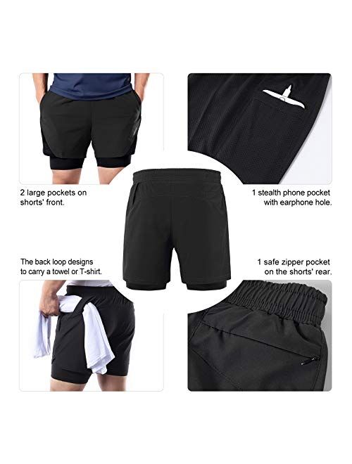 ARSUXEO 2 in 1 Running Shorts for Men 5 Inch with Liner and Phone Pocket Drying Fast Athletic Workout Shorts