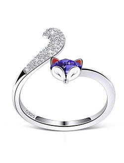 PLATO H S925 Sterling Silver Fox Animal Ring Crystals for Women Teen Girl High Polish Plain Adjustable Fox Tail Ring Anniversary Jewelry Valentines Day Gifts for her