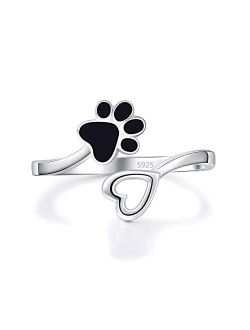 ACJFA 925 Sterling Silver Paw Print Love Heart Ring Adjustable Wrap Open Rings Animal Jewelry for Pet Dog Cat Lovers