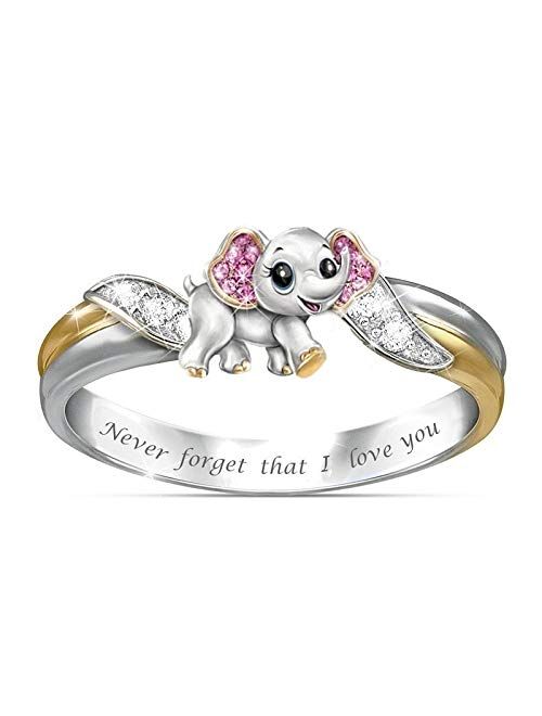 Cute Elephant Rings for Women Teen Girls,'Never Forget that I Love You' Elephant Ring Inspirational Gifts Size 5-10