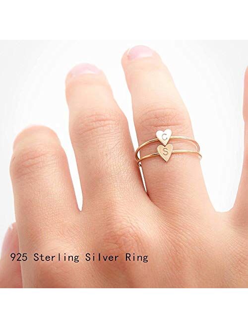 Memorjew 925 Sterling Silver Rings for Girls Women, Dainty Initial Heart Ring Stacking Ring for Women Girls Jewelry Gifts