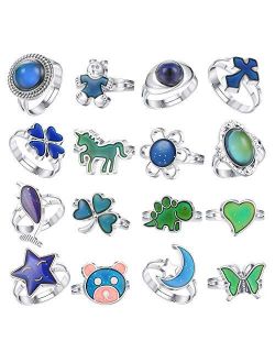 FIBO STEEL 16 Pcs Mood Ring Color Change Rings Emotional Feeling Adjustable Ring With Cute Animals