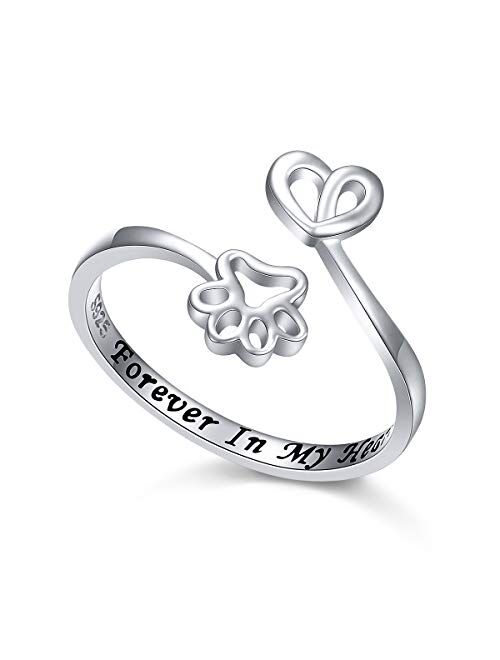 925 Sterling Silver Engraved Forever in My Heart Cat Dog Paw Adjustable Wrap Ring Gift for Women Teen Girls Pet Lovers, Size 5-10