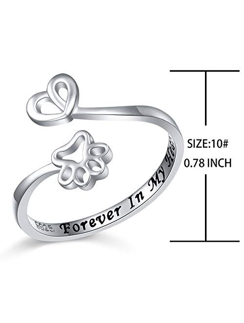925 Sterling Silver Engraved Forever in My Heart Cat Dog Paw Adjustable Wrap Ring Gift for Women Teen Girls Pet Lovers, Size 5-10