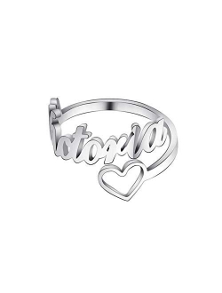 925 Sterling Silver Personalized Name Ring with Heart, Engraved Any Name Initial Number Stacking Ring Gift for Mother, Women, Girls