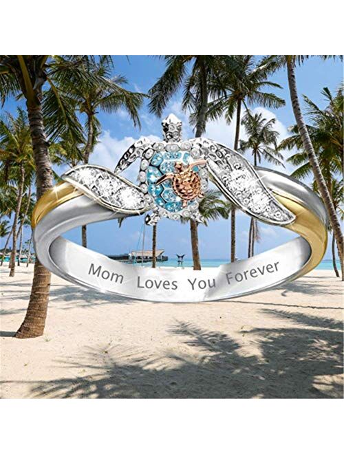 Animal Turtle Ring Crystal Zirconia Mom Loves You Forever Turtle Statement Ring for Women Girls Mother Day Birthday Gift Jewelry Size 5 6 7 8 9 10