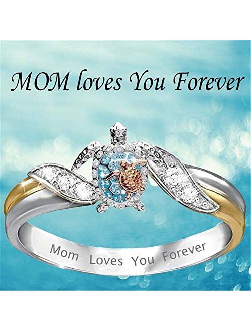 Animal Turtle Ring Crystal Zirconia Mom Loves You Forever Turtle Statement Ring for Women Girls Mother Day Birthday Gift Jewelry Size 5 6 7 8 9 10