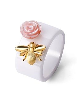 Lotus Fun 925 Sterling Silver Ring Handmade Unique Thumb Ring Bee Kiss from a Rose Ceramics Jewelry Gift for Women and Girls