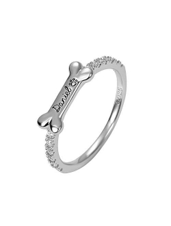 AILIN Jewelry 925 Sterling Silver Personalized Bone Shaped Name Ring Paw Printed Halo Dainty Ring Puppy Jewelry Pet Lover Rings